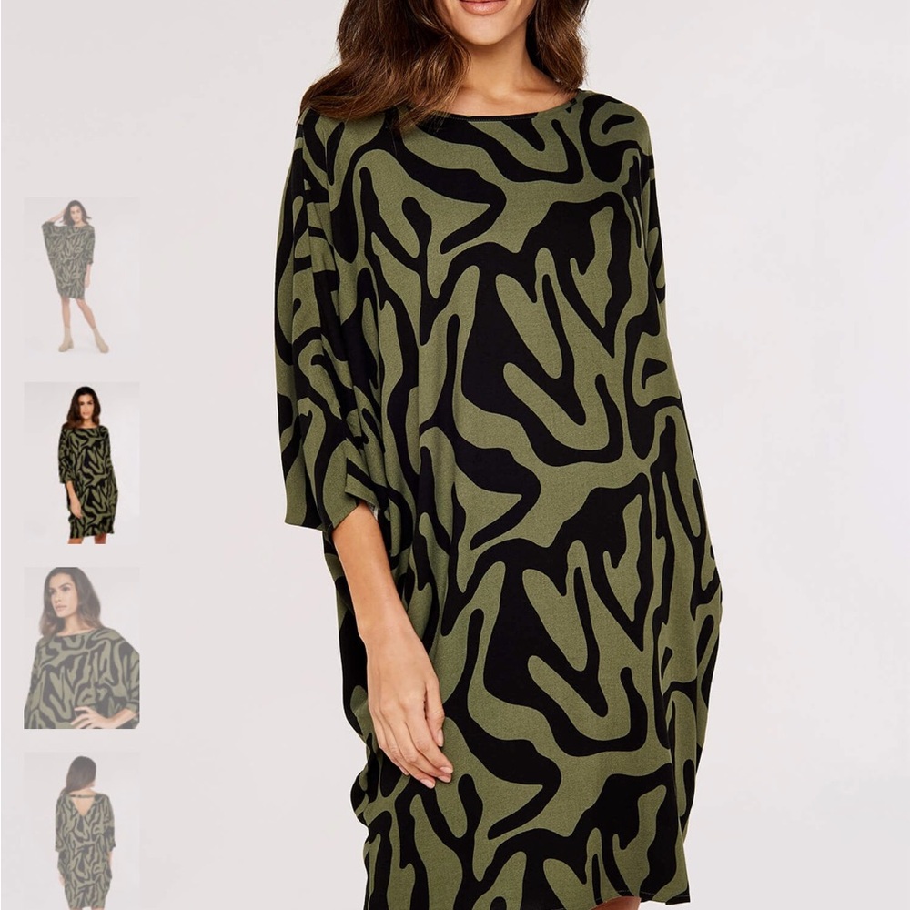 APRICOT Green Casual Dress with Bateau Neckline and Dolman Sleeves